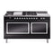 ILVE Nostalgie II Noblesse 60-Inch 5.8 Cu. Ft. Dual Oven Natural Gas Dual Fuel Range with 7 Burners, Griddle, French Top and Solid Door in Glossy Black with Chrome Trim (UN60FSQNMPBKC)