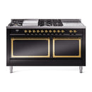 Glossy black gas range with brass-trimmed burner knobs and double oven doors