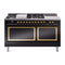 ILVE Nostalgie II Noblesse 60-Inch 5.8 Cu. Ft. Dual Oven Natural Gas Dual Fuel Range with 7 Burners, Griddle, French Top and Solid Door in Glossy Black with Brass Trim (UN60FSQNMPBKG)