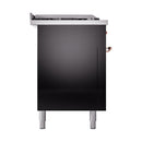 Glossy black side access panel on a dual fuel range with copper handle and feet