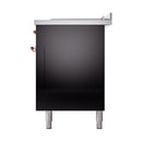 Glossy black side access panel on a dual fuel range with copper handle and top edge