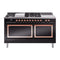 ILVE Nostalgie II Noblesse 60-Inch 5.8 Cu. Ft. Dual Oven Natural Gas Dual Fuel Range with 7 Burners, Griddle, French Top and Solid Door in Glossy Black with Copper Trim (UN60FSQNMPBKP)