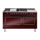 Burgundy dual-fuel range with 7 sealed burners, grididdle, and French-top layout
