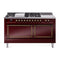 ILVE Nostalgie II Noblesse 60-Inch 5.8 Cu. Ft. Dual Oven Propane Gas Dual Fuel Range with 7 Burners, Griddle, French Top and Solid Door in Burgundy with Burnished Bronze Trim (UN60FSQNMPBUBLP)