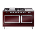Burgundy dual fuel range with chrome trim, dual oven doors, and sealed burners