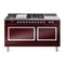 ILVE Nostalgie II Noblesse 60-Inch 5.8 Cu. Ft. Dual Oven Natural Gas Dual Fuel Range with 7 Burners, Griddle, French Top and Solid Door in Burgundy with Chrome Trim (UN60FSQNMPBUC)