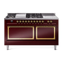 Burgundy dual fuel range with brass-trim doors and control knobs