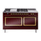 ILVE Nostalgie II Noblesse 60-Inch 5.8 Cu. Ft. Dual Oven Propane Gas Dual Fuel Range with 7 Burners, Griddle, French Top and Solid Door in Burgundy with Brass Trim (UN60FSQNMPBUGLP)