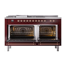 Burgundy dual-fuel range with copper trim, two open oven doors and interior racks