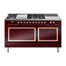 Burgundy dual-fuel range with copper trim, control knobs, and sealed burners