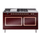 ILVE Nostalgie II Noblesse 60-Inch 5.8 Cu. Ft. Dual Oven Natural Gas Dual Fuel Range with 7 Burners, Griddle, French Top and Solid Door in Burgundy with Copper Trim (UN60FSQNMPBUP)
