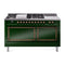 ILVE Nostalgie II Noblesse 60-Inch 5.8 Cu. Ft. Dual Oven Natural Gas Dual Fuel Range with 7 Burners, Griddle, French Top and Solid Door in Emerald Green with Bronze Trim (UN60FSQNMPEGB)