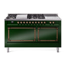 Emerald green dual fuel range with bronze control knobs and closed oven doors