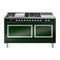 ILVE Nostalgie II Noblesse 60-Inch 5.8 Cu. Ft. Dual Oven Natural Gas Dual Fuel Range with 7 Burners, Griddle, French Top and Solid Door in Emerald Green with Chrome Trim (UN60FSQNMPEGC)