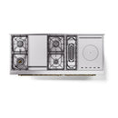 Emerald green range with side components exposed, showing burners and internal layout