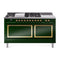ILVE Nostalgie II Noblesse 60-Inch 5.8 Cu. Ft. Dual Oven Propane Gas Dual Fuel Range with 7 Burners, Griddle, French Top and Solid Door in Emerald Green with Brass Trim (UN60FSQNMPEGGLP)