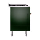 Emerald green range side panel with stainless top and copper control knobs.