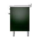 Emerald green range back panel with stainless top and copper-trimmed corner fittings.