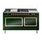 ILVE Nostalgie II Noblesse 60-Inch 5.8 Cu. Ft. Dual Oven Natural Gas Dual Fuel Range with 7 Burners, Griddle, French Top and Solid Door in Emerald Green with Copper Trim (UN60FSQNMPEGP)