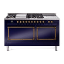ILVE dual fuel range, midnight blue with bronze trim and two oven doors, front view