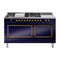 ILVE Nostalgie II Noblesse 60-Inch 5.8 Cu. Ft. Dual Oven Natural Gas Dual Fuel Range with 7 Burners, Griddle, French Top and Solid Door in Midnight Blue with Bronze Trim (UN60FSQNMPMBB)