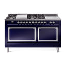 Midnight blue ILVE dual fuel gas range, chrome trim, two oven doors and burner knobs