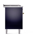 Midnight blue range control side panel with brass handle details and rear cooktop support