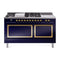ILVE Nostalgie II Noblesse 60-Inch 5.8 Cu. Ft. Dual Oven Propane Gas Dual Fuel Range with 7 Burners, Griddle, French Top and Solid Door in Midnight Blue with Brass Trim (UN60FSQNMPMBGLP)