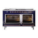 ILVE dual-fuel range with two open oven doors showing racks inside, midnight blue body