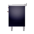 ILVE dual-fuel range opposite side panel, midnight blue cabinet with stainless top and copper knobs