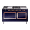 ILVE Nostalgie II Noblesse 60-Inch 5.8 Cu. Ft. Dual Oven Natural Gas Dual Fuel Range with 7 Burners, Griddle, French Top and Solid Door in Midnight Blue with Copper Trim (UN60FSQNMPMBP)