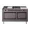 ILVE Nostalgie II Noblesse 60-Inch 5.8 Cu. Ft. Dual Oven Natural Gas Dual Fuel Range with 7 Burners, Griddle, French Top and Solid Door in Matte Graphite with Bronze Trim (UN60FSQNMPMGB)