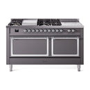 Matte graphite dual fuel range with chrome-trim control panel and lit burners
