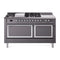ILVE Nostalgie II Noblesse 60-Inch 5.8 Cu. Ft. Dual Oven Natural Gas Dual Fuel Range with 7 Burners, Griddle, French Top and Solid Door in Matte Graphite with Chrome Trim (UN60FSQNMPMGC)