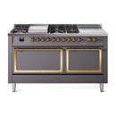 Matte graphite dual-fuel range with brass-trimmed burners and control panel