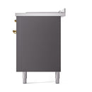 Matte graphite oven side door with brass hinges and adjustable leveling legs