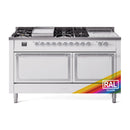 White dual fuel gas range with chrome trim, front burners, griddle, and double doors