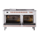 Dual fuel range with both oven doors open, copper trims, and front burner controls, white