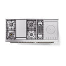 Stainless dual-fuel range cross-section showing burner layout and rear components