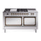 ILVE Nostalgie II Noblesse 60-Inch 5.8 Cu. Ft. Dual Oven Natural Gas Dual Fuel Range with 7 Burners, Griddle, French Top and Solid Door in Stainless Steel with Burnished Bronze Trim (UN60FSQNMPSSB)