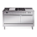 Stainless steel dual fuel range with gas burners, griddle, and two oven doors