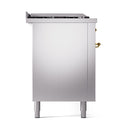 Stainless steel dual-fuel range side panel with brass handle trim and four leveling legs