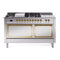 ILVE Nostalgie II Noblesse 60-Inch 5.8 Cu. Ft. Dual Oven Natural Gas Dual Fuel Range with 7 Burners, Griddle, French Top and Solid Door in Stainless Steel with Brass Trim (UN60FSQNMPSSG)
