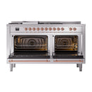 Stainless steel dual-fuel range with two open oven compartments and chrome racks