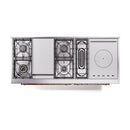 Stainless steel dual-fuel range side layout with four burners and French-top section