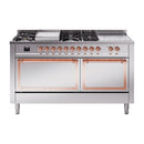 Stainless steel dual fuel range with copper-trimmed control knobs and 7 sealed burners