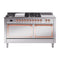 ILVE Nostalgie II Noblesse 60-Inch 5.8 Cu. Ft. Dual Oven Natural Gas Dual Fuel Range with 7 Burners, Griddle, French Top and Solid Door in Stainless Steel with Copper Trim (UN60FSQNMPSSP)