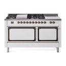 White dual fuel range with bronze trim, gas burners and two oven doors, front view