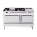 White dual-fuel range with chrome trim, burners, and two oven doors