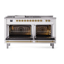 White dual fuel range with two open oven doors and visible oven racks